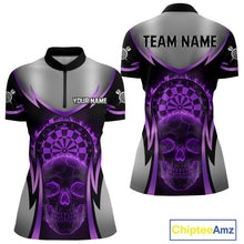 Load image into Gallery viewer, Silver Purple Flaming Skull Dartboard Women Darts Quarter-Zip Shirt Custom Team Dart League Jerseys NYN2070