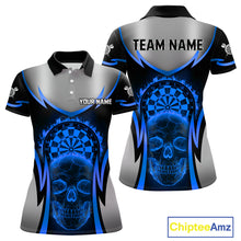 Load image into Gallery viewer, Silver Blue Flaming Skull Dartboard Women Darts Polo Shirt Custom Team Dart League Jerseys NYN2072