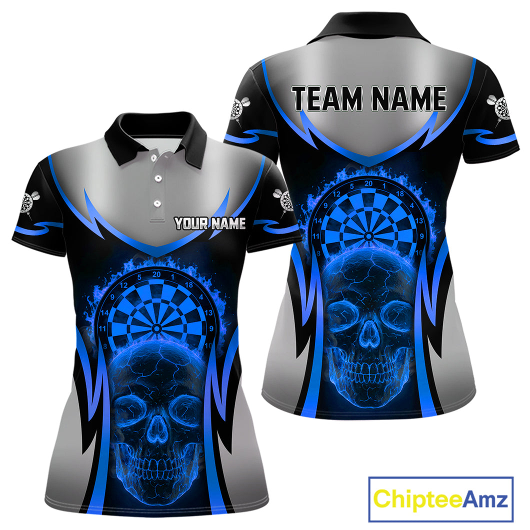 Silver Blue Flaming Skull Dartboard Women Darts Polo Shirt Custom Team Dart League Jerseys NYN2072