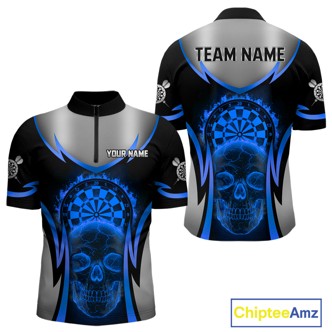 Silver Blue Flaming Skull Dartboard Men Darts Quarter-Zip Shirt Custom Team Dart League Jerseys NYN2072