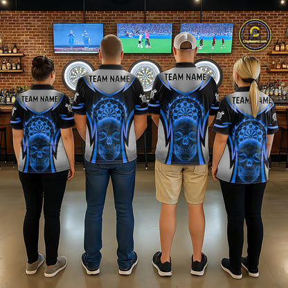Silver Blue Flaming Skull Dartboard Men Darts Polo Shirt Custom Team Dart League Jerseys NYN2072