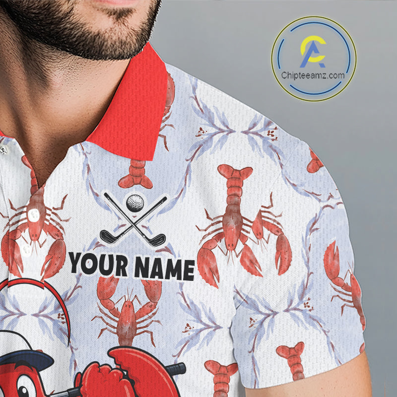 Male golfer wearing Lobster golf polo, coastal golf apparel, custom golf uniform, golf outing clothing, performance golf shirt