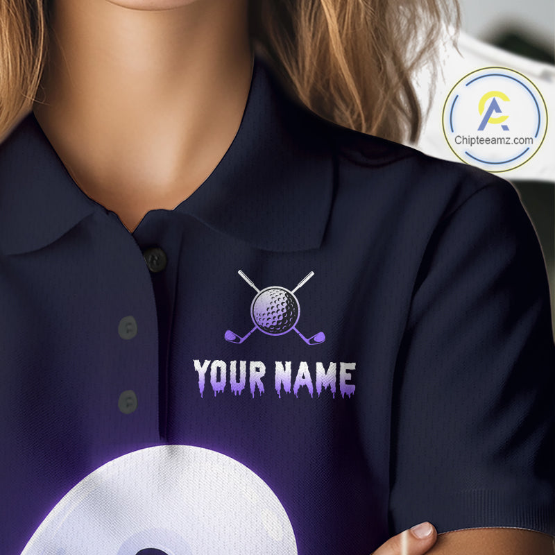 Female golfer wearing Purple Ghost golf polo, spooky golf fashion, personalized golf apparel, golf outing clothing