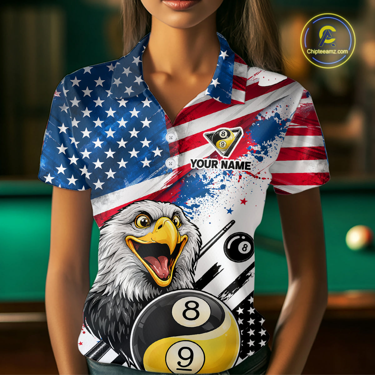Splatter US Flag Yin And Yang 8 Ball & 9 Ball Women Billiard Shirt Custom Eagle Freedom Billiard Appeal NYN2767