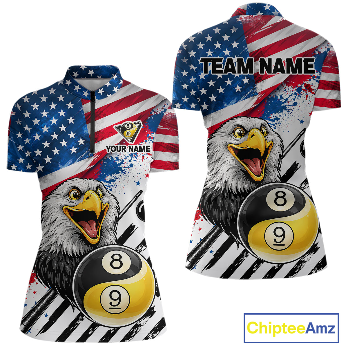 Splatter US Flag Yin And Yang 8 Ball & 9 Ball Women Billiard Shirt Custom Eagle Freedom Billiard Appeal NYN2767