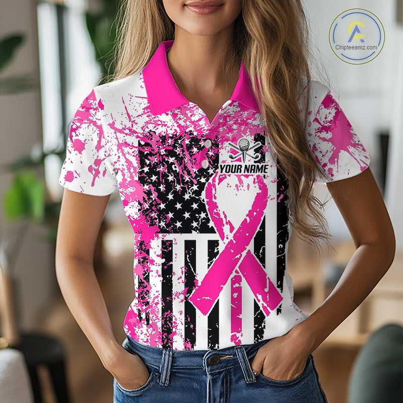 American Flag Splatter Pink Women Golf Polo Shirt Custom Breast Cancer Golf Team Outfits NYN3386
