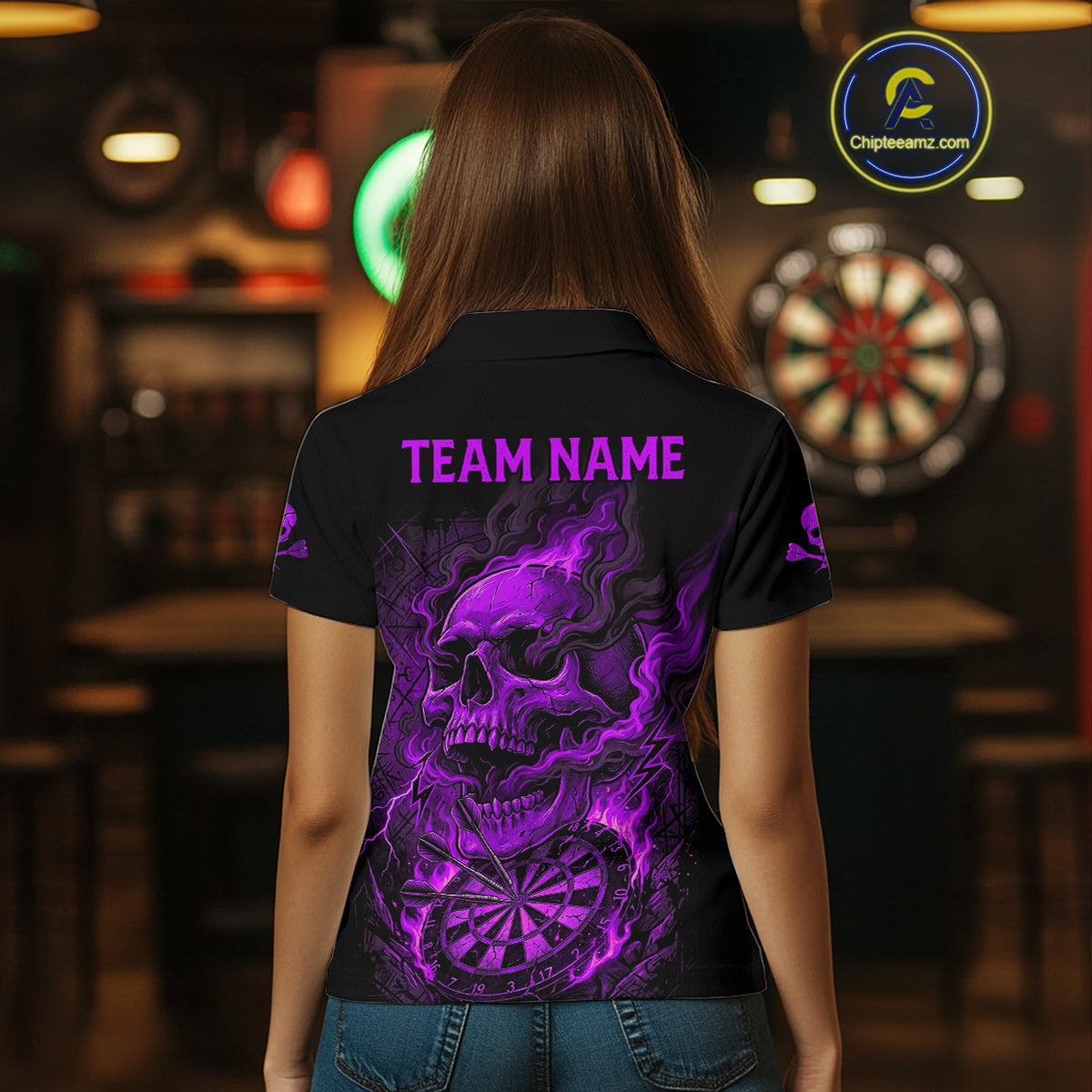Fire Flame Skull Purple Grunge Dartboard Custom Dart Polo Shirt For Women Dart League Jerseys NYN2093