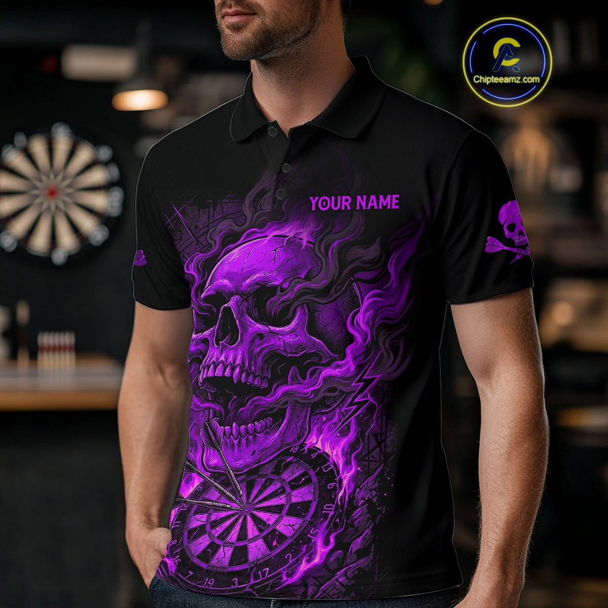 Fire Flame Skull Purple Grunge Dartboard Custom Dart Polo Shirt For Men Dart League Jerseys NYN2093