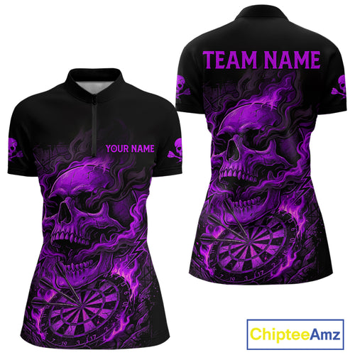 Fire Flame Skull Purple Grunge Dartboard Custom Dart Quarter-Zip Shirt For Women Dart League Jerseys NYN2093