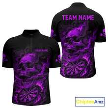 Load image into Gallery viewer, Fire Flame Skull Purple Grunge Dartboard Custom Dart Quarter-Zip Shirt For Men Dart League Jerseys NYN2093