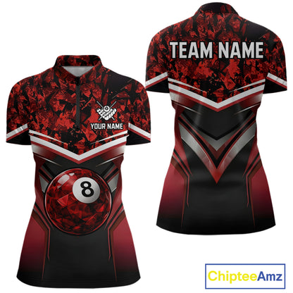 Black & Red Geometric 8 Ball Pool Polo & 1/4-Zip Shirt For Women Custom Pool Billiard Team Jerseys NYN2980