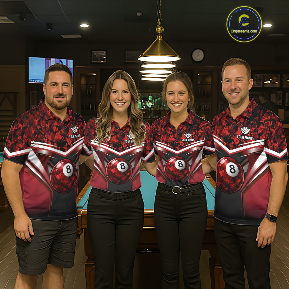 Black & Red Geometric 8 Ball Pool Polo & 1/4-Zip Shirt For Men Custom Pool Billiard Team Jerseys NYN2980
