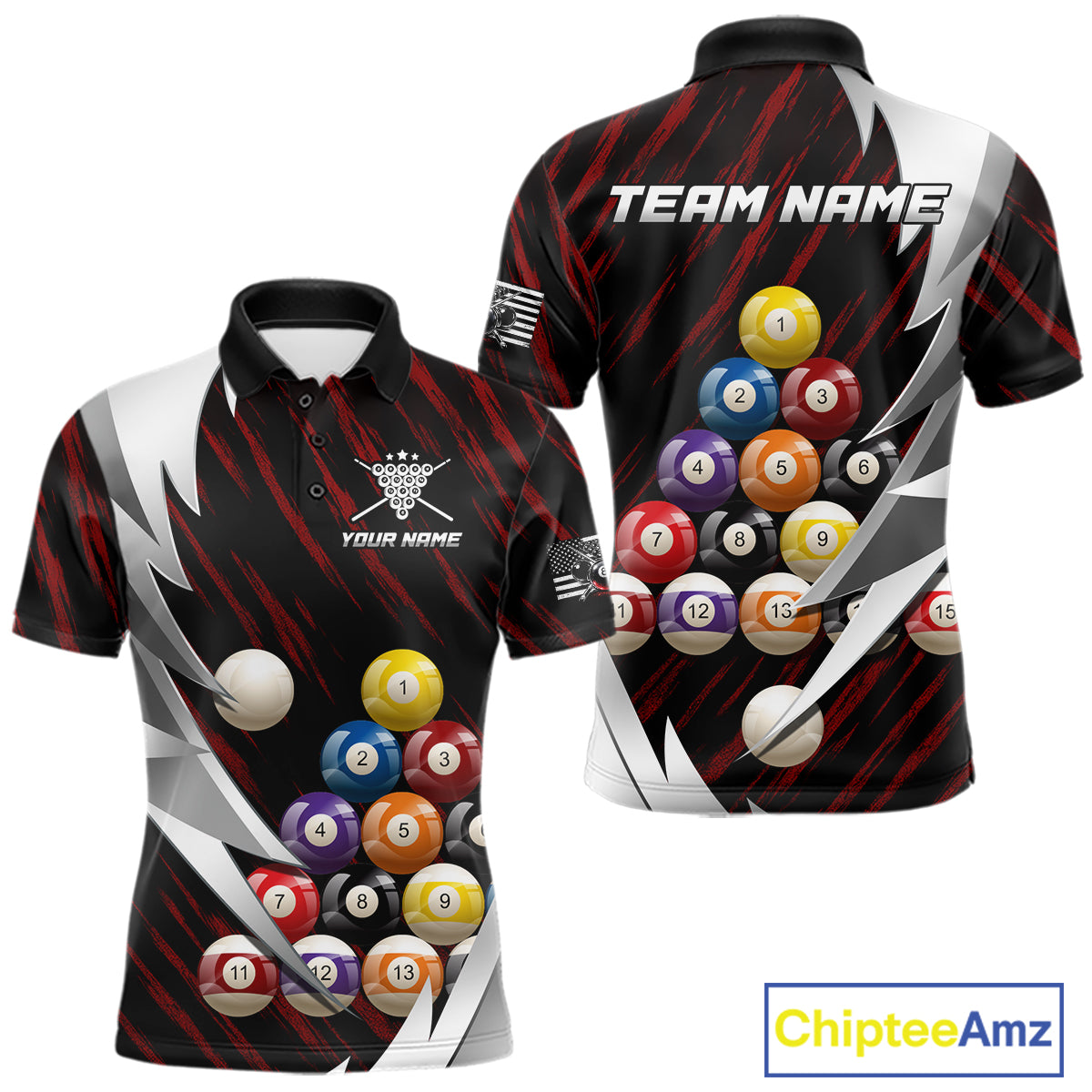 Red And Silver Pool Balls Billiard Team Polo & 1/4-Zip Shirt For Men Custom Billiard Apparel NYN2375