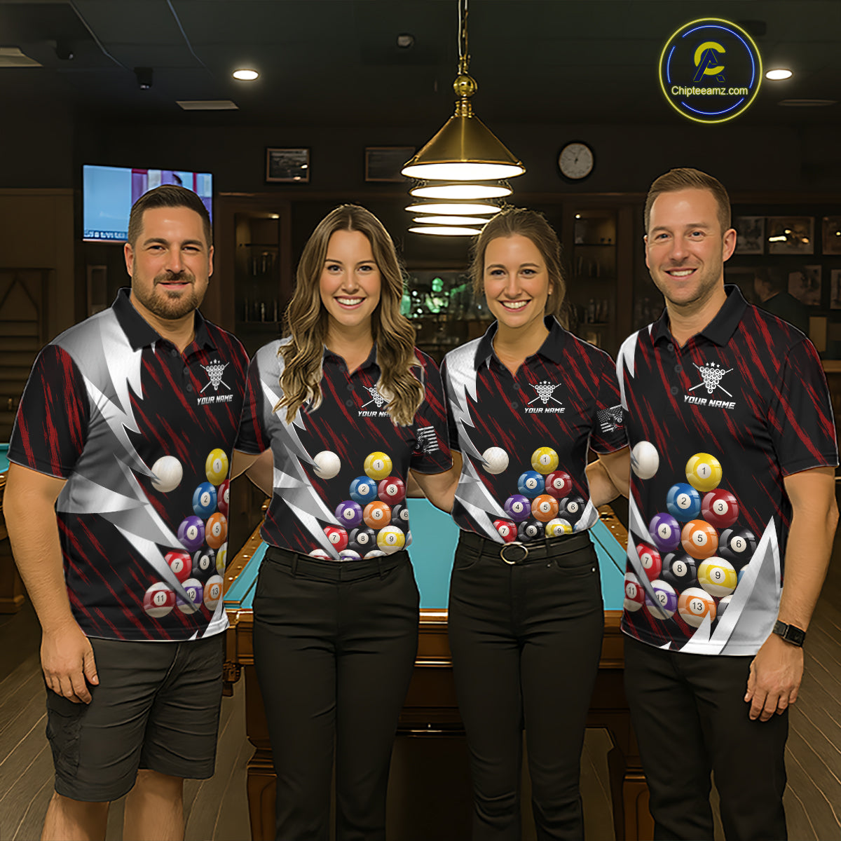 Red And Silver Pool Balls Billiard Team Polo & 1/4-Zip Shirt For Men Custom Billiard Apparel NYN2375