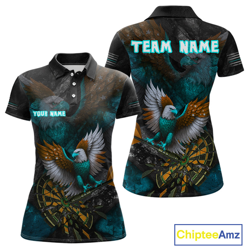 US Flag Eagle Cracked Dartboard Turquoise Women's Darts Shirt Custom Name For Players | Opt2 NYN0691