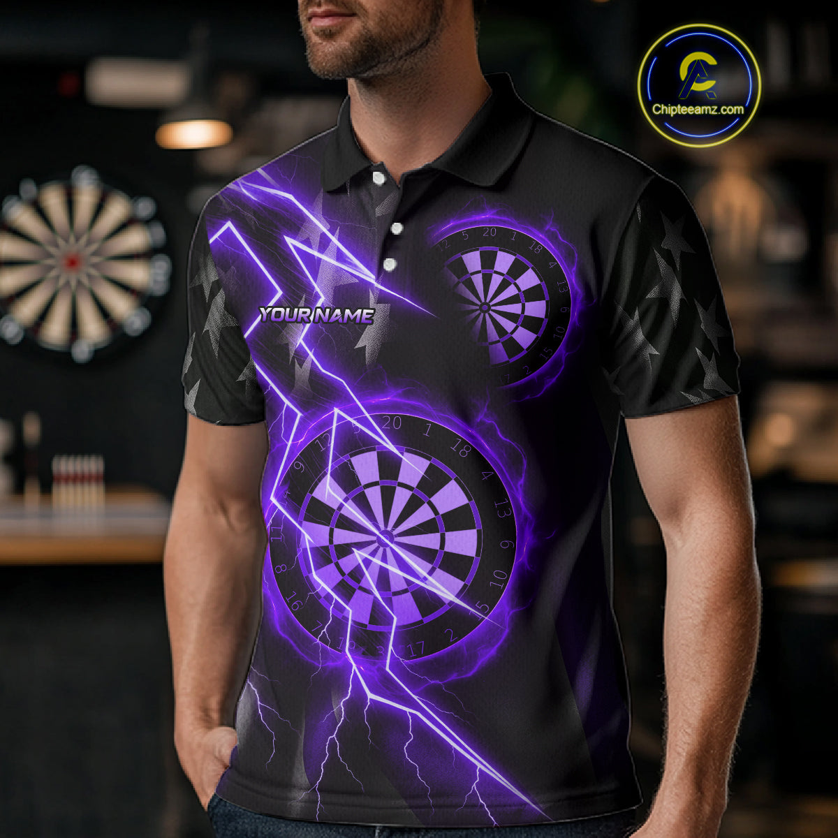 Custom Lightning Purple And Black Darts Polo Shirt For Men Darts Tournament Jerseys NYN0951