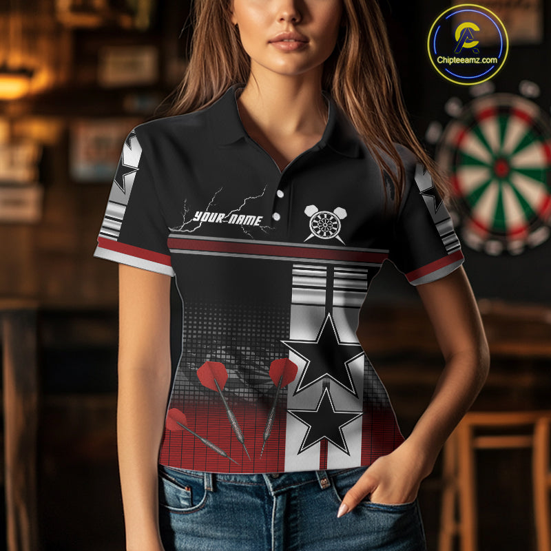 Patriotic Star & Darts Custom Women's Darts Shirt - Black & Red Jersey For Players NYN0451