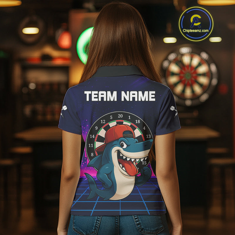Neon Shark & Dartboard Custom Funny Polo Shirt For Women - Darts Team Jersey NYN0709