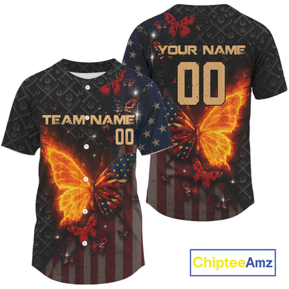 Custom US Flag Patriotic Baseball Shirt For Men Outfit Flame Butterfly Baseball Jerseys NYN1330