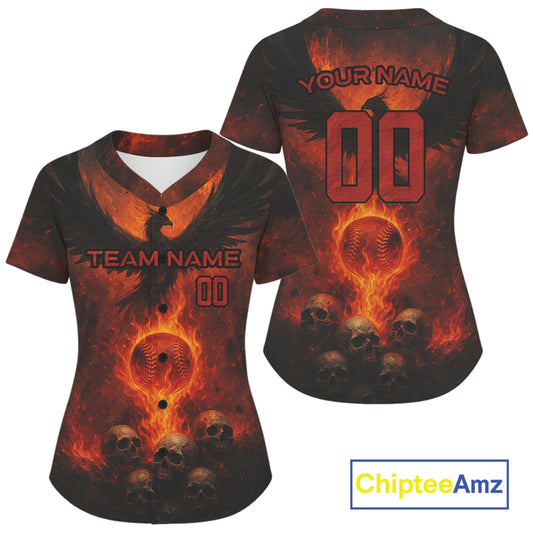 Custom Red Flames Phoenix Baseball Ball Jersey For Women Skull Baseball Tournament Shirt NYN0971
