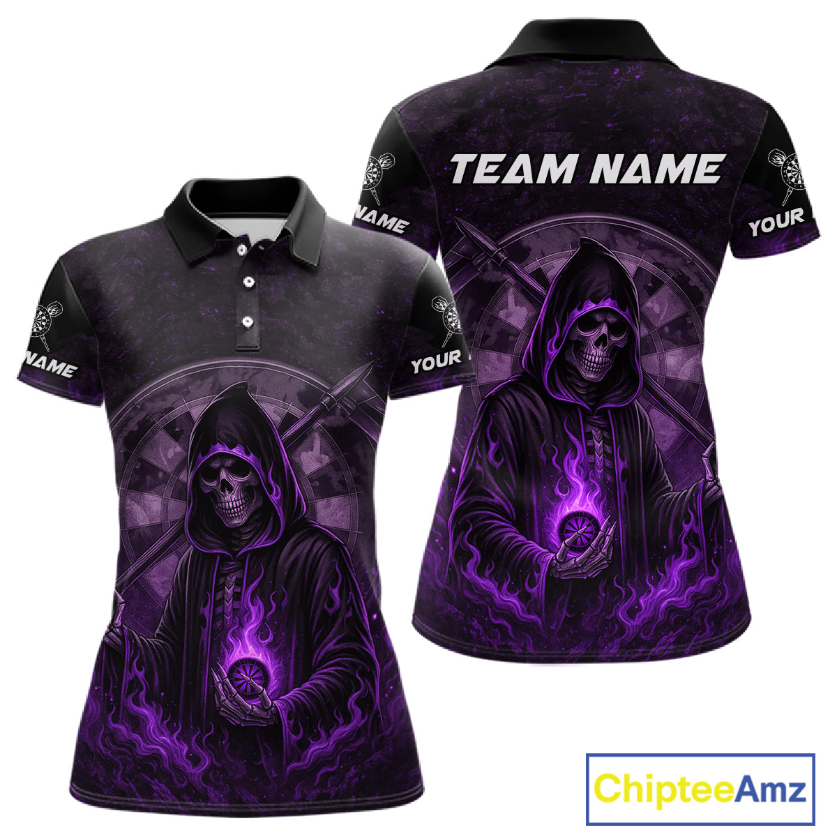 Custom Black-Purple Flames Skull Dartboard Darts Polo Jerseys For Women, Darts Fan Uniform NYN0984