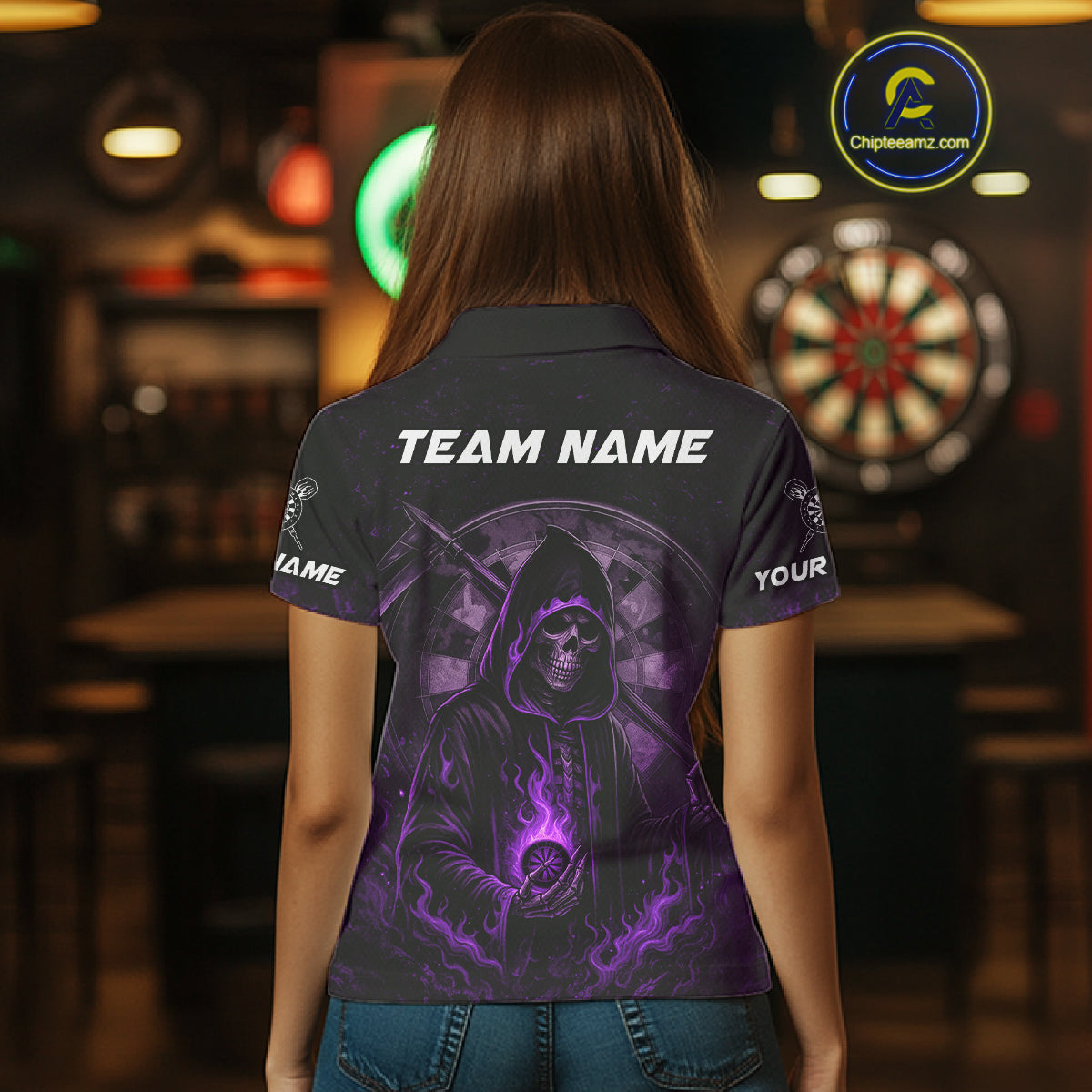 Custom Black-Purple Flames Skull Dartboard Darts Polo Jerseys For Women, Darts Fan Uniform NYN0984