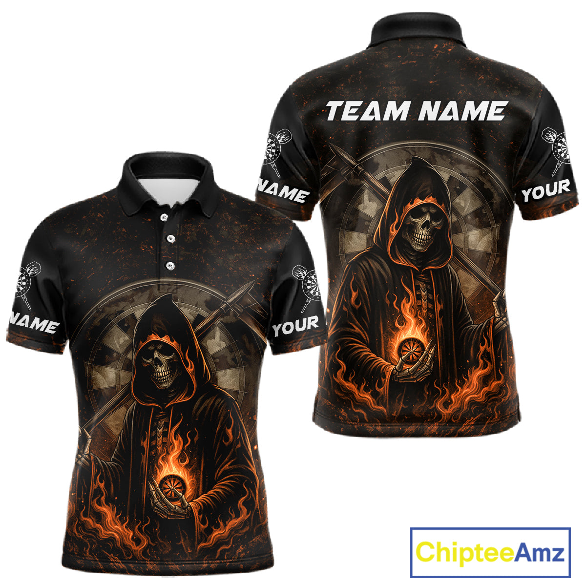 Custom Black-Orange Flames Skull Dartboard Darts Polo Jerseys For Men, Darts Fan Uniform NYN0986