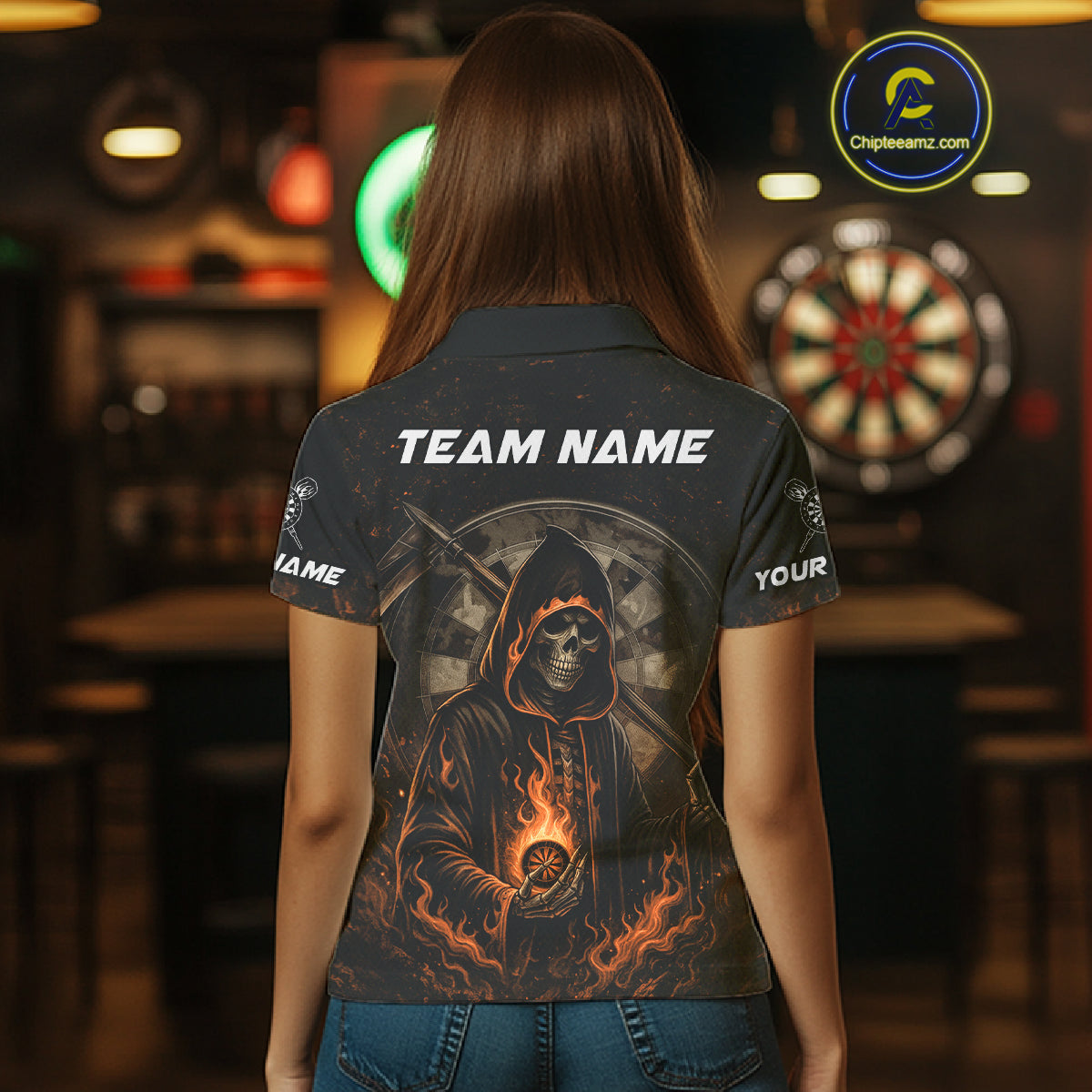 Custom Black-Orange Flames Skull Dartboard Darts Polo Jerseys For Women, Darts Fan Uniform NYN0986