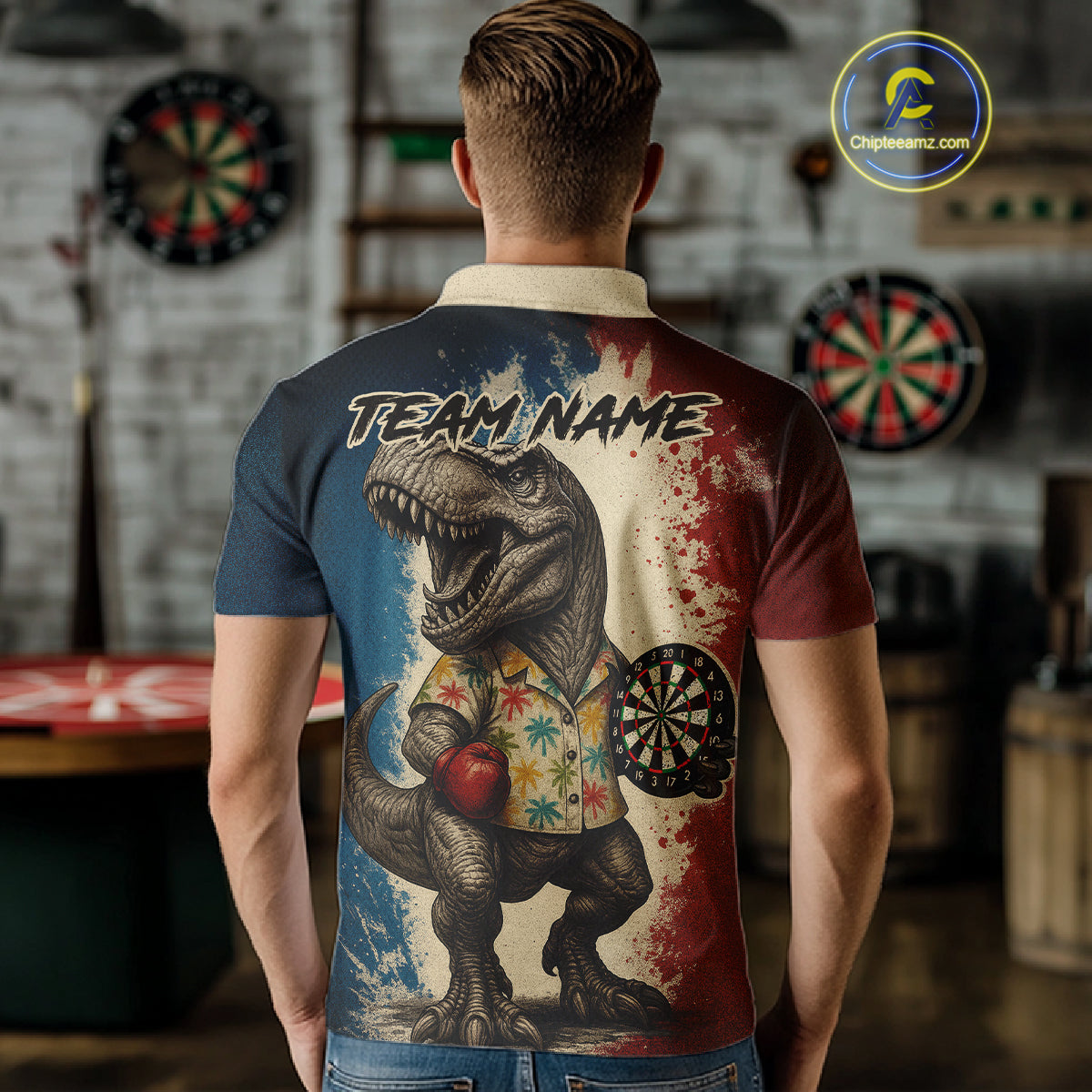 Custom Dinosaur Plays Dart Funny Dart Polo Shirt For Men Colorful Grunge Dart Jerseys NYN1368