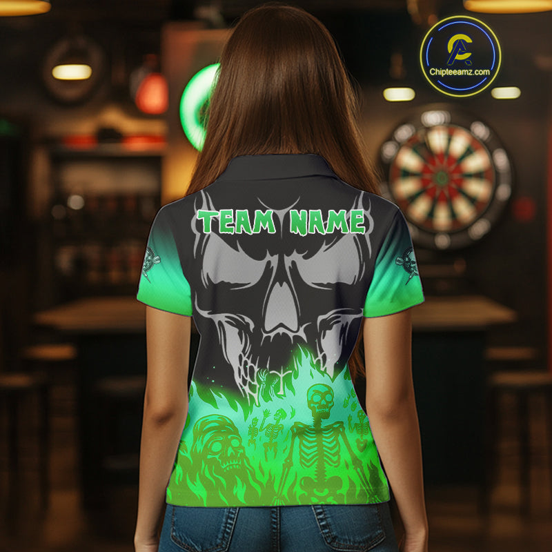 Green Flaming Skull Dartboard Polo Dart Shirt For Women Custom Outfits Darts Team Jersey NYN0997