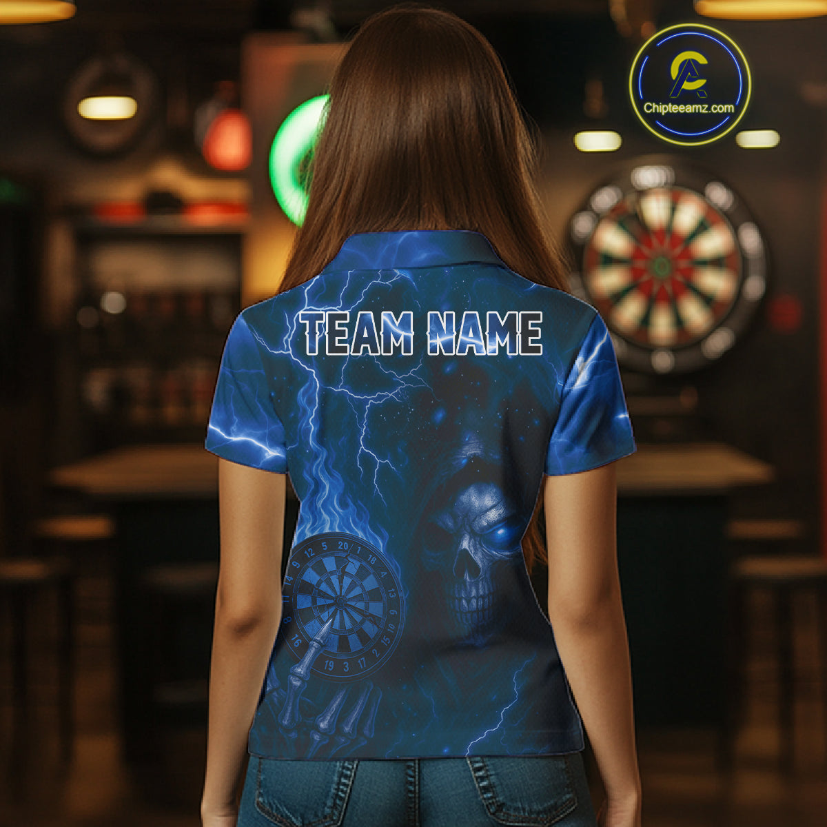 Personalized Blue Flames Skull Dartboard Darts Jersey Custom Women's Skull Darts Polo Shirt NYN1031