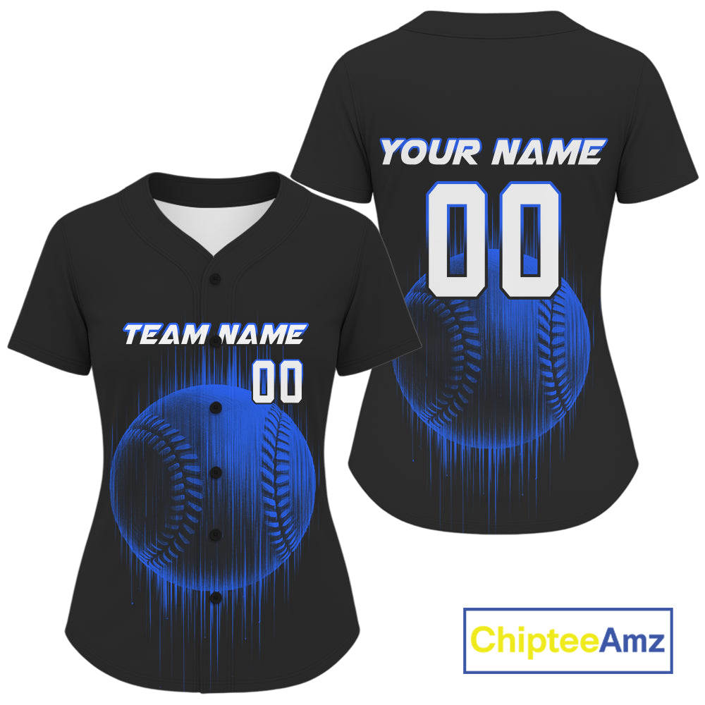 Women's Baseball Jersey Personalized Baseball Glitch Vertical Streak, Baseball Team | Blue NYN1037