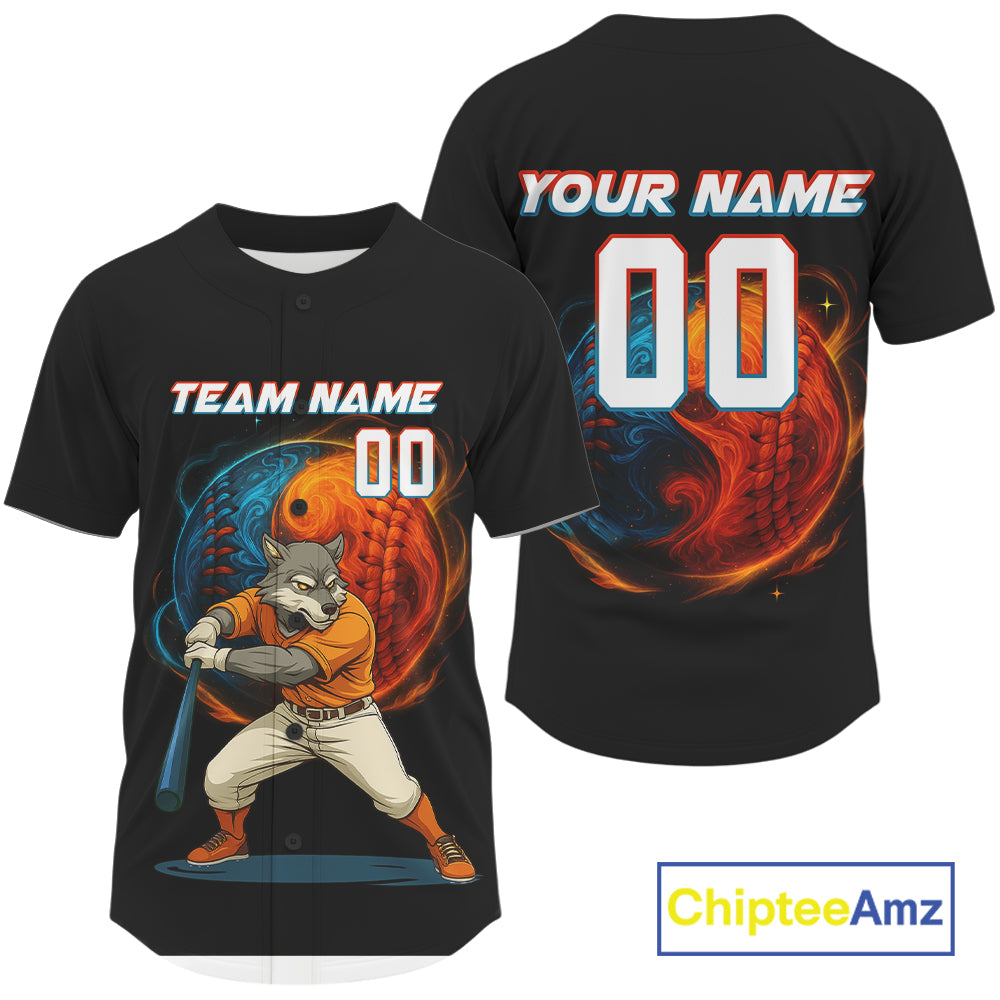 Custom Men Funny Baseball Jersey Personalized Wolf Plays Flame Baseball , Baseball Shirts NYN1039