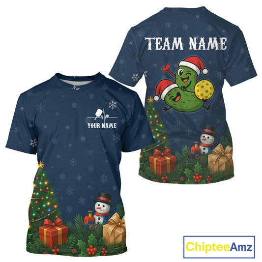 Custom Blue Snowflake Christmas Pickleball T-Shirt For Men Pickle Xmas Pickleball Jersey NYN1369