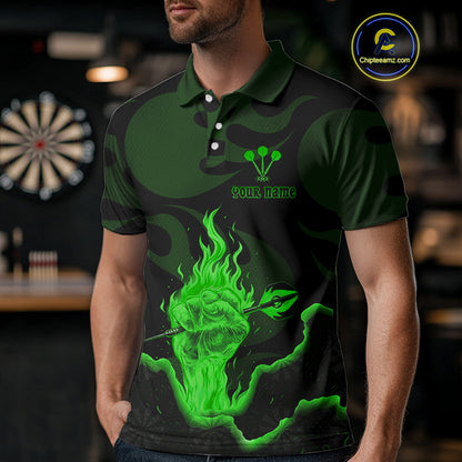 Custom Green Flaming Dart Arrow Polo & 1/4-Zip Darts Shirts Outfit Darts Jersey For Men NYN1052