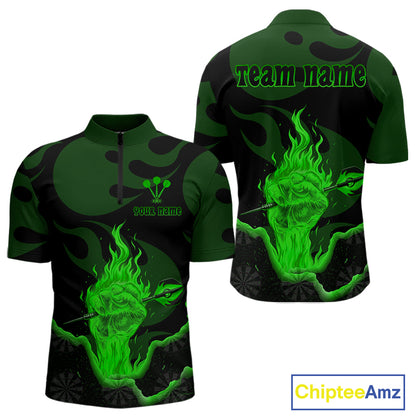 Custom Green Flaming Dart Arrow Polo & 1/4-Zip Darts Shirts Outfit Darts Jersey For Men NYN1052