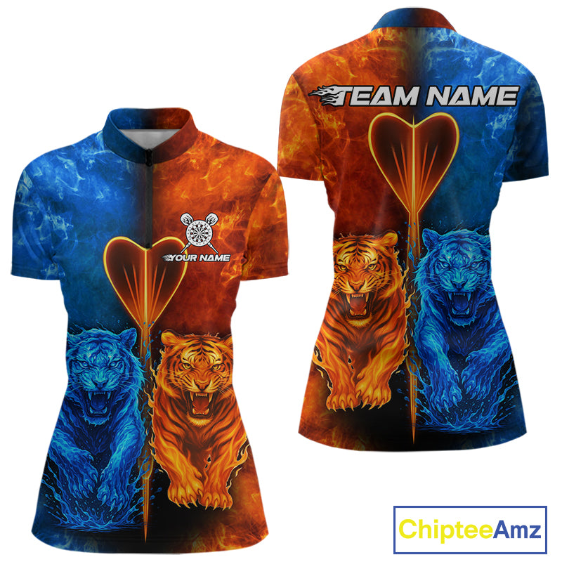 Water-Flame Tiger Dart Arrow Women's Darts 1/4-Zip Shirt - Custom Name For Darts Jersey NYN0757