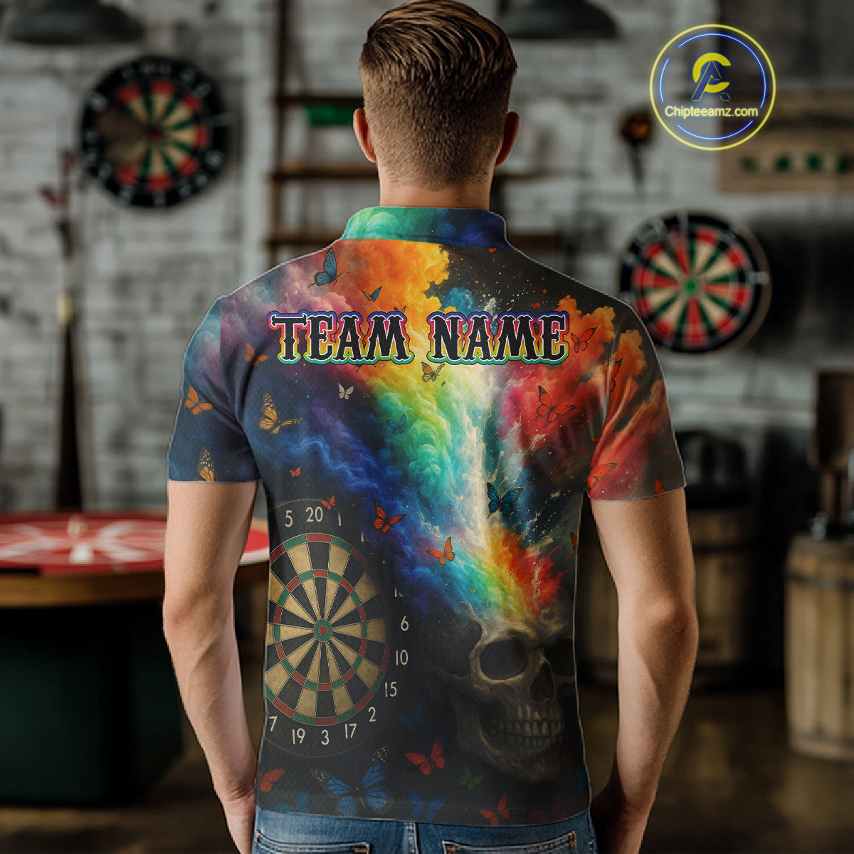 Custom Colorful Smoke Skull Dartboard Men Dart Shirt Outfits Butterflies Dart Jerseys NYN1063