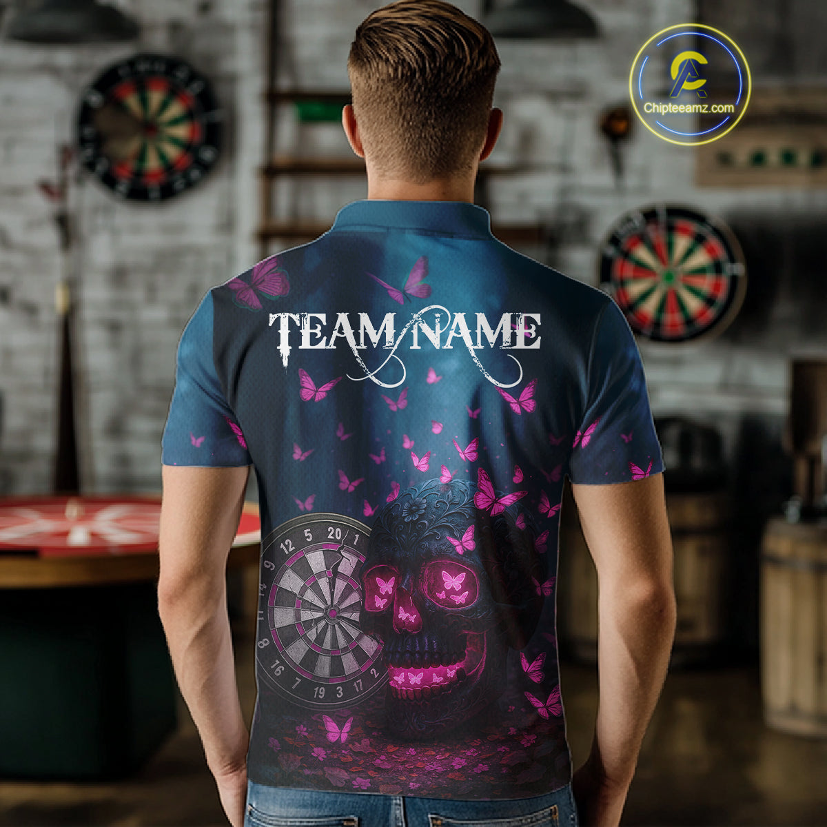 Custom Blue And Pink Butterflies Skull Dart Shirt For Men Romantic Darts Team Jerseys NYN1070