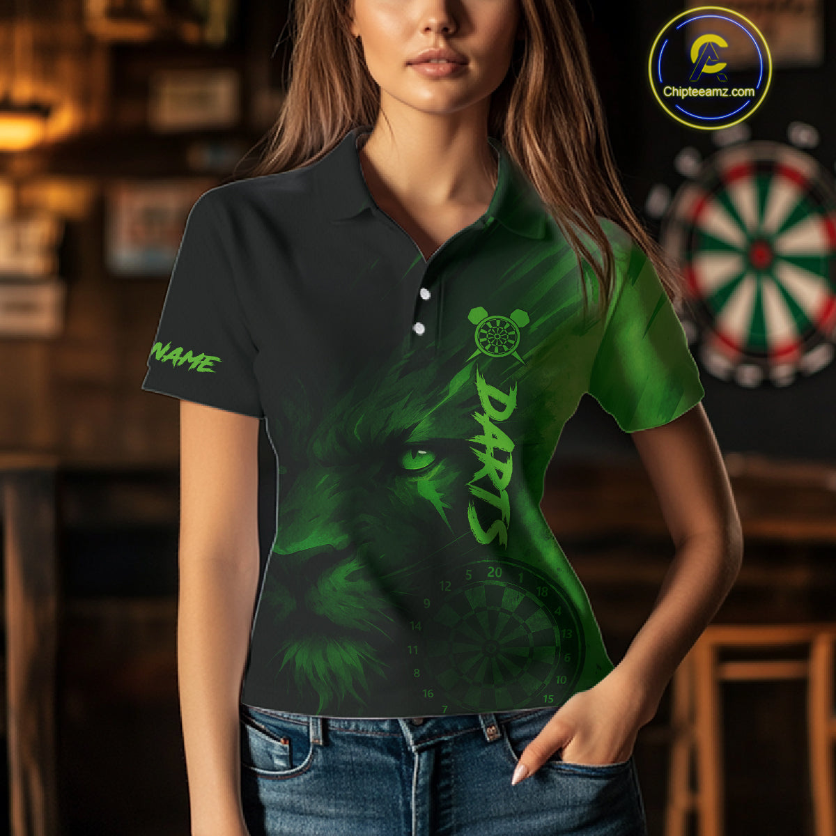 Custom Black-Green Horror Lion Dartboard Dart Polo Shirt For Women Grunge Dart Jerseys NYN1412