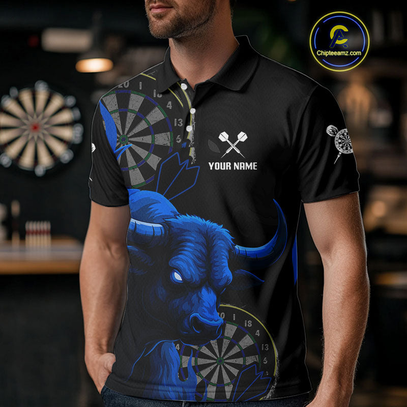 Blue Ferocious Bull Grunge Dartboard Darts Shirt For Men - Custom Name & Team Jersey NYN0610