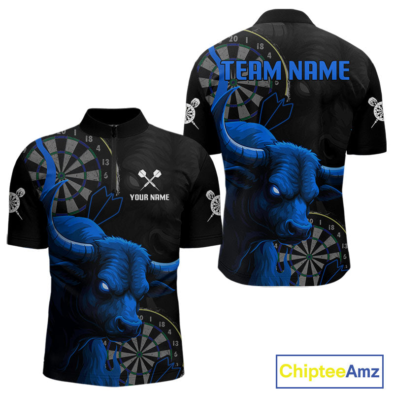 Blue Ferocious Bull Grunge Dartboard Darts Shirt For Men - Custom Name & Team Jersey NYN0610