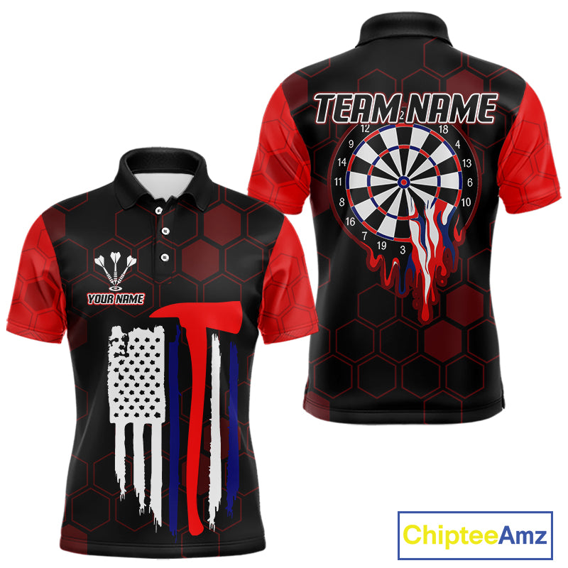 Red Dripping Dartboard & US Flag Men's Darts Polo Shirt - Custom Name For Dart Players NYN0800