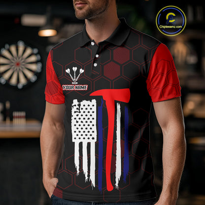 Red Dripping Dartboard & US Flag Men's Darts Polo Shirt - Custom Name For Dart Players NYN0800
