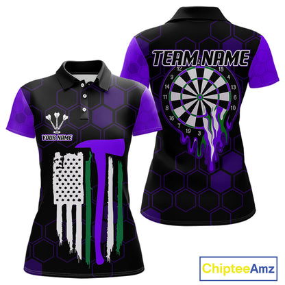 Purple Dripping Dartboard & US Flag Women's Darts Polo Shirt - Custom Name For Dart Players NYN0801
