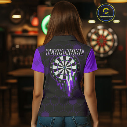Purple Dripping Dartboard & US Flag Women's Darts Polo Shirt - Custom Name For Dart Players NYN0801