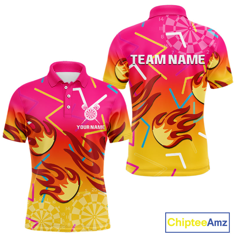 Flames In Vibrant Pink & Yellow Darts Funny Shirt For Men - Custom Team Name NYN0373