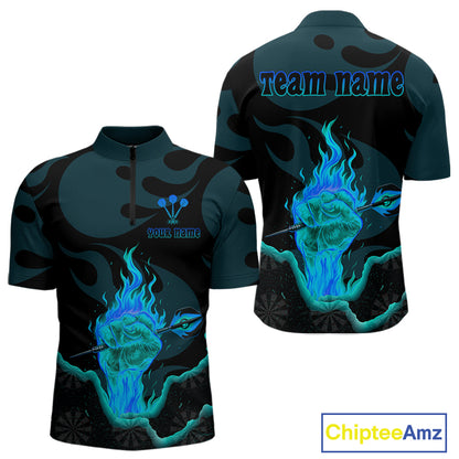 Flaming Hand & Dart Arrow Darts Shirts For Men - Custom Name & Team | Opt3 - Turquoise NYN0641
