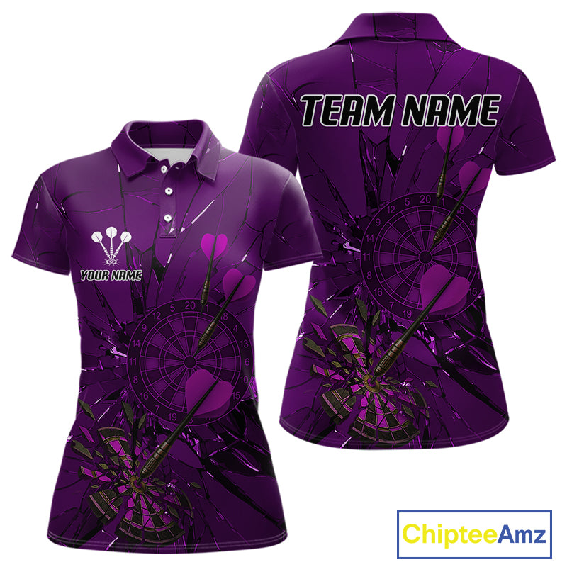 Cracked Dartboard Broken Glass Women's Darts Shirt Custom Name & Team | Opt3 - Purple NYN0655