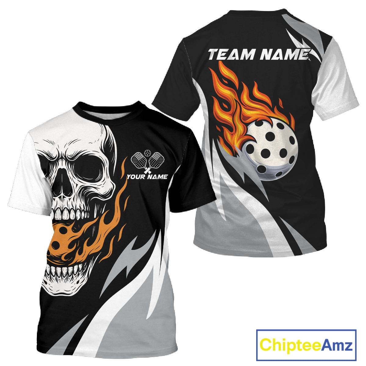 Custom Black & Orange Flame Pickleball Ball T-Shirts For Men, Halloween Skull Pickleball NYN1267